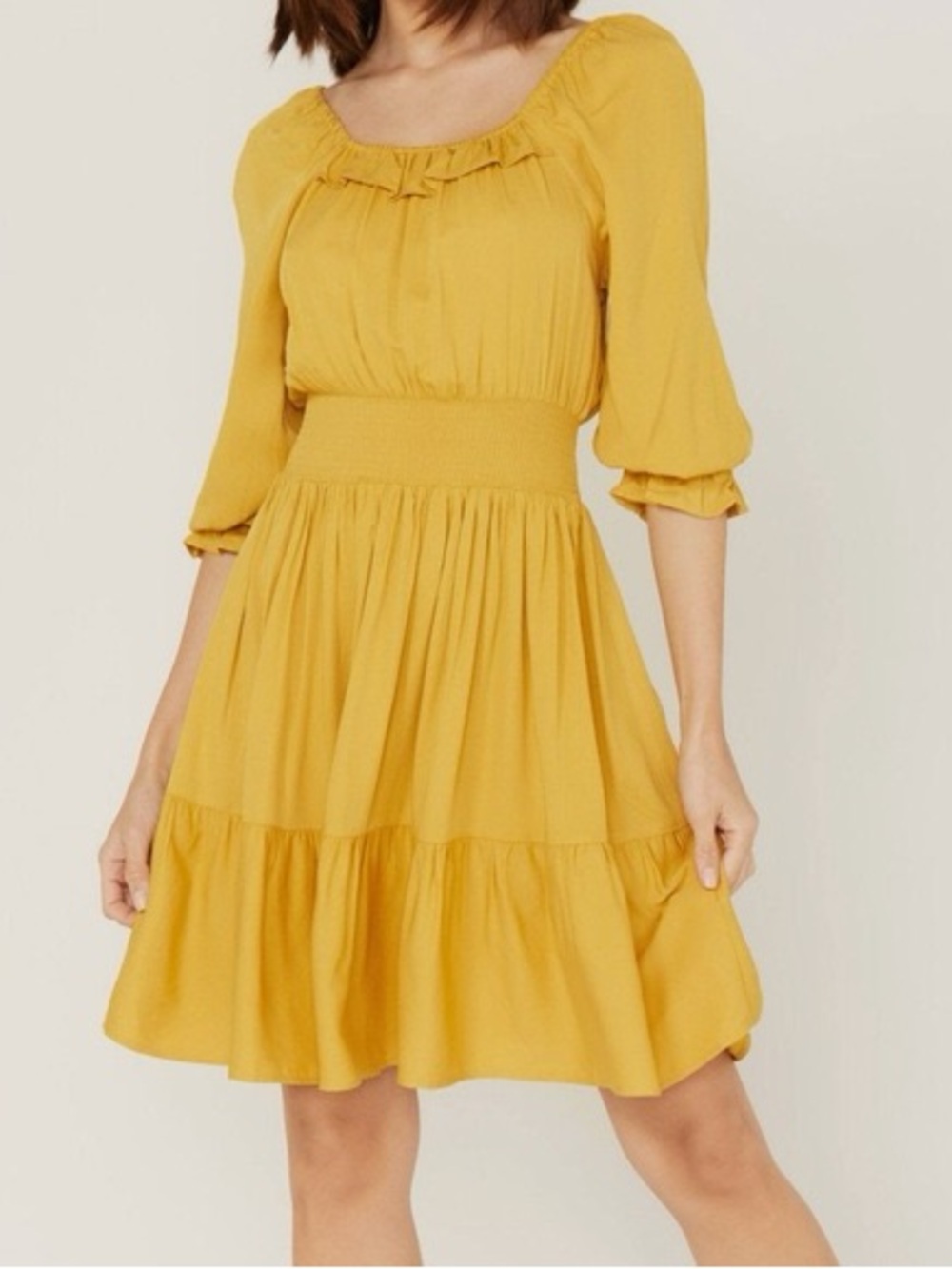 Wrangler Mustard Yellow Tiered Smocked-Waist Mini Dress